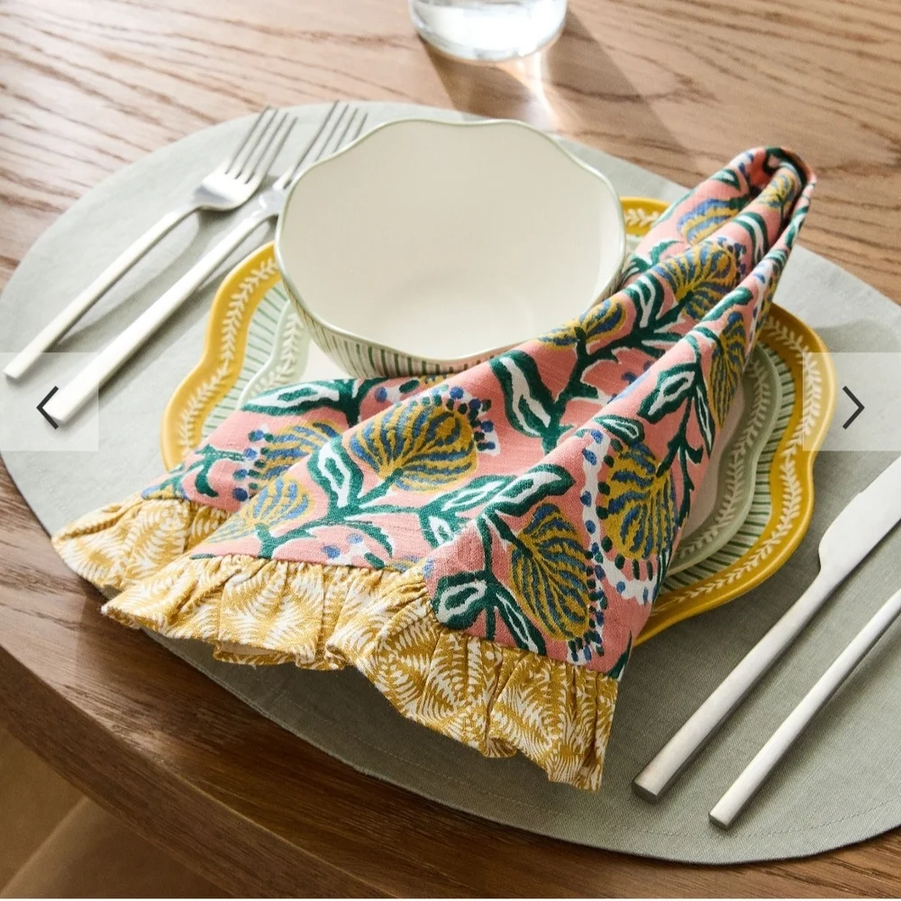 West Elm Coral Almond Ruffle Napkins in Pink and Yellow